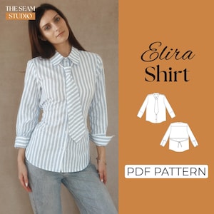 May include: A white and light blue striped shirt with a tie detail. The shirt has long sleeves with buttoned cuffs. The text "Elira Shirt" and "PDF PATTERN" are visible.