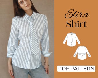 Long Sleeve Button Down Top Pattern | Work Blouse Tie Top | Pattern + Detailed Illustrated Instructions | XXS - 7XL | A0, A4 & US-Letter
