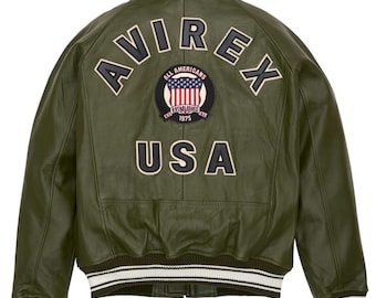 Handmade Olive Green Cowhide Leather Avirex Jacket: Iconic USA Design
