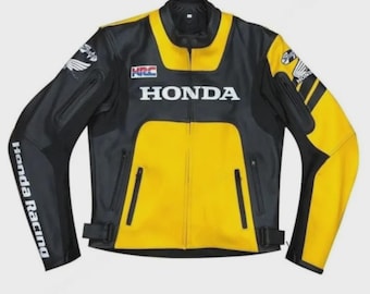 Honda HRC Racing Motorcycle Leather Jacket Black Yellow Biker Moto