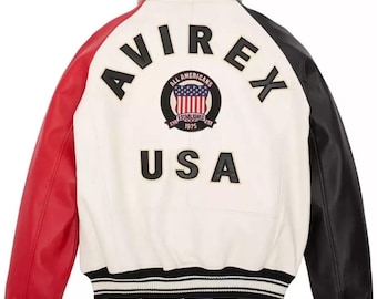Chaqueta de piel de vaca Avirex blanca hecha a mano para hombre de EE. UU.