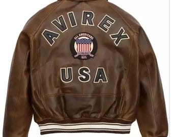 Handmade Men's Brown Cowhide Leather Avirex Jacket