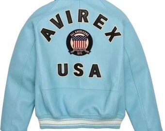 Handmade Cowhide Leather Avirex Jacket: Sky Blue Iconic Design