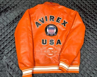 Handmade Men's Orange Cowhide Leather Avirex Jacket
