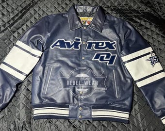 Handmade Navy Blue Cowhide Leather Jacket: Men's Avirex Bronx USA
