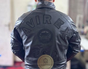 Ręcznie robiona męska kurtka ze skóry bydlęcej Avirex USA w całości wykonana z czarnej skóry bydlęcej Kurtka Avirex