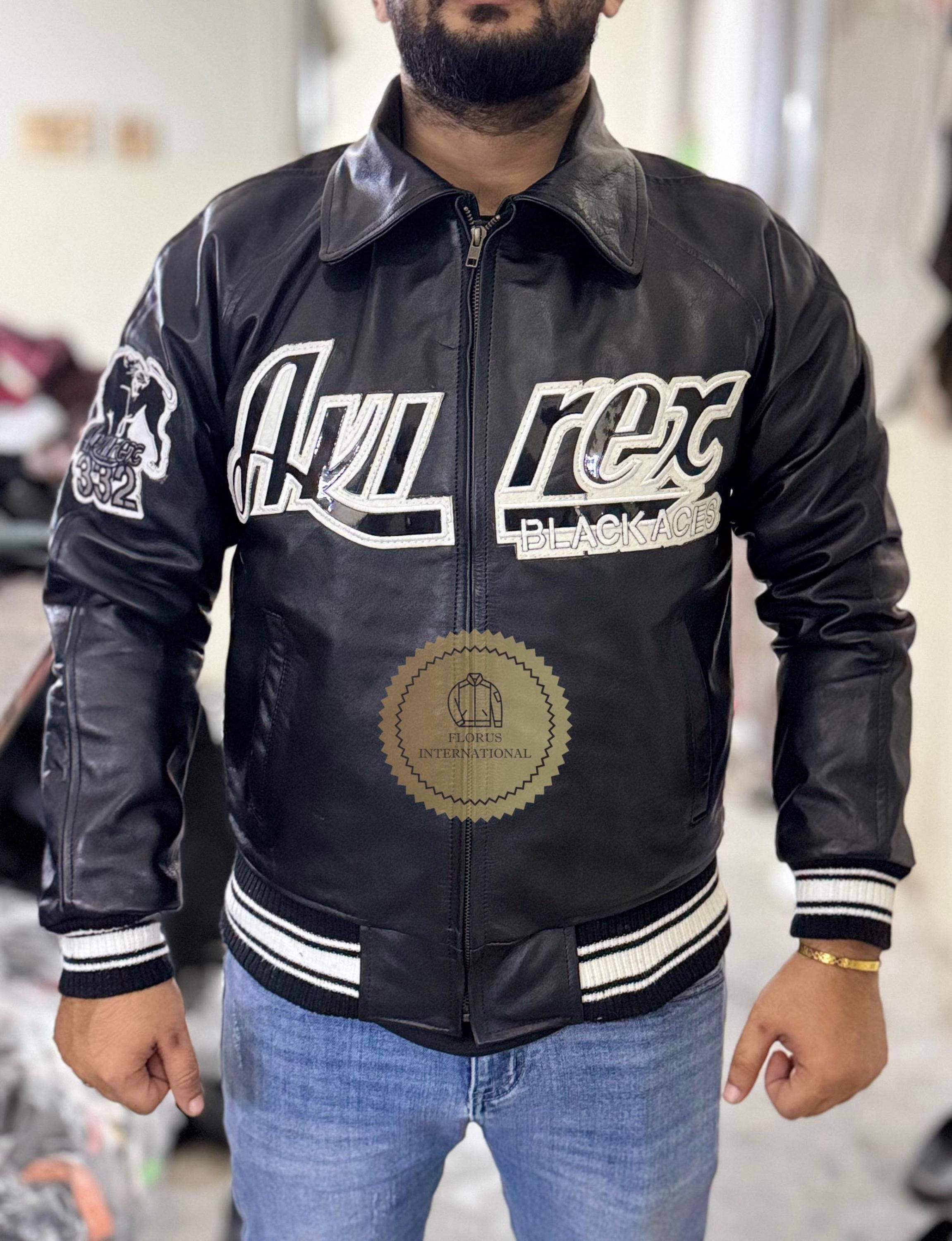 Handmade Men's Black Ace Lion Cowhide Leather Avirex USA Jacket