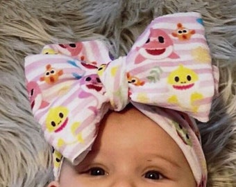 Baby Shark Messy Bow HeadWrap, Baby Messy Bow HeadWrap, Newborn Infant HeadWrap Piggy Bows, messy bow Hair Bow