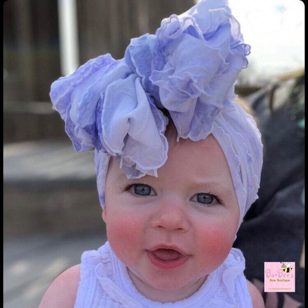 Periwinkle Tie Dye Baby Girl Ruffle HeadWrap Ruffle Hair Bow Clip Headband Newborn Infant Premie HeadWrap, Piggies