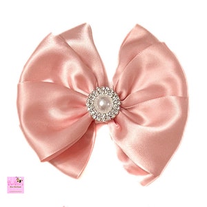 Coral Peachy Flower Green Leaf Lace Big Hair Bow With Long Ribbon Tails and  French Barrette Clip 