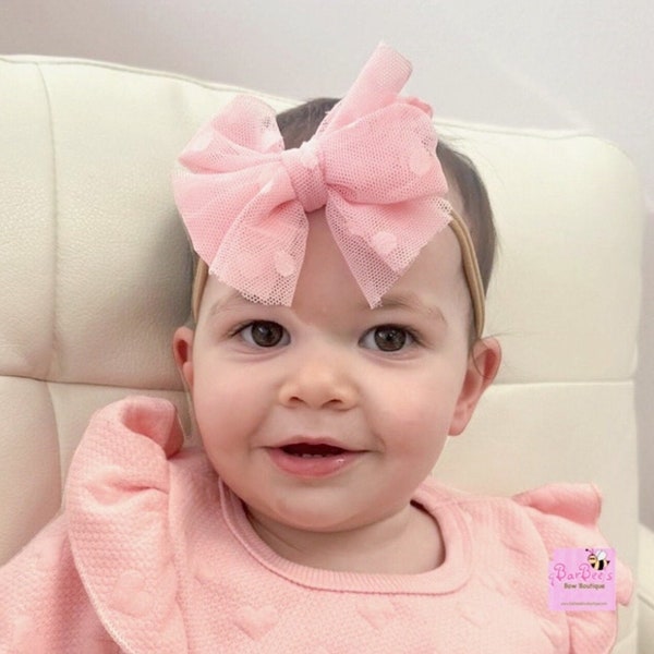 Pink Chunky Baby Girl Tulle Bow Headband Newborn Fluffy Soft Tulle Hair Bow Headband Infant Piggy Set