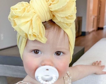 Butter Yellow Ruffle Messy Bow HeadWrap, Baby Girl Ruffle Hair Bow, Girls  Newborn Infant HeadWrap, Piggies