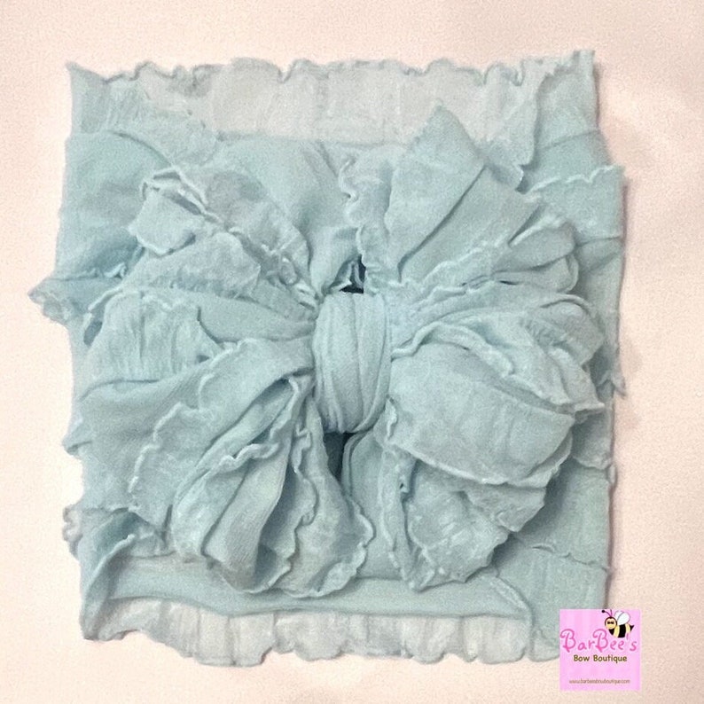 Light Blue Plaid Ruffle Messy Bow HeadWrap Baby Girl Ruffle Messy Hair Bow Newborn Infant HeadWrap Bow Messy Bow Ruffle Piggies image 1