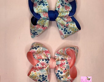 Floral and Pink or Floral and Blue Large Double Ribbon 5” Hair Bow Grossgrain Girl Boutique Girl Hair Bow Toddler Bow Clip