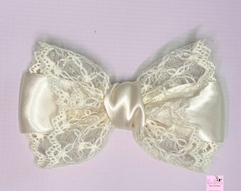 Ivory Lace and Satin Embroidered Ribbon Hair Bow Clip Girl Hair Bow Headband