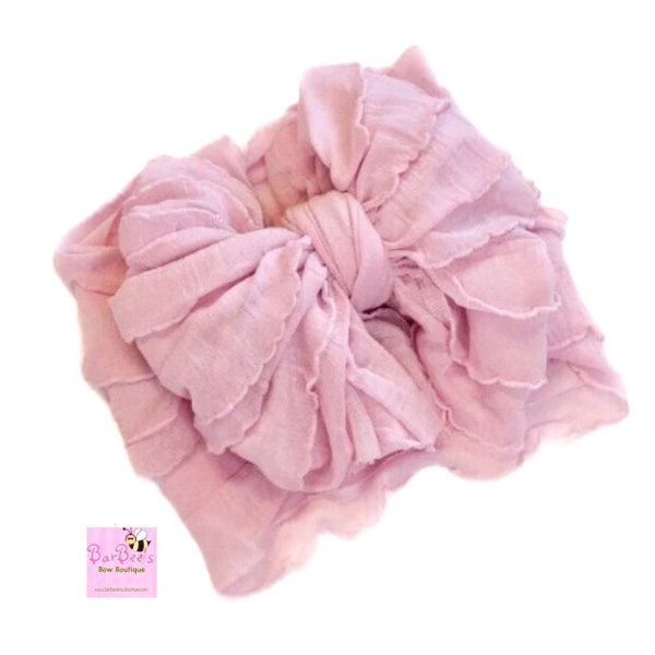 Misty Pink Ruffle Baby Girl HeadWrap Ruffle Hair Bow Clip Newborn Infant Preemie Headband, Piggies Ruffle Hair Bow