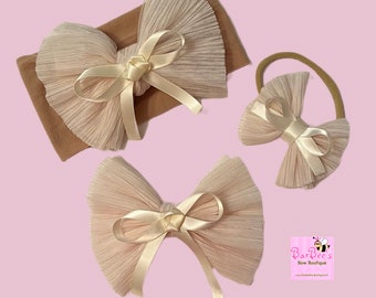 Crème Crinkle Tulle hoofdband haar boog clip pasgeboren hoofdband zachte Crinkle Tulle Bow pasgeboren cadeau