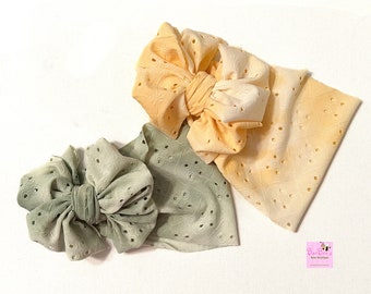 Light Yellow Tie Dye Eyelet HeadWrap Messy Bow HeadWrap  Sage Tie Dye Eyelet HeadWrap Baby Infant HeadWrap