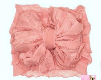 Blush Ruffle Messy Bow HeadWrap Baby Girl Ruffle Messy Bow Hair Bow Messy Bow Newborn Infant Headwrap, Messy Ruffle Piggy Bows