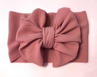 Rose Mauve Bow Messy Bow HeadWrap,  Baby Girl HeadWrap, Newborn Infant HeadWrap Bullet Fabric, Piggy Bows messy bow