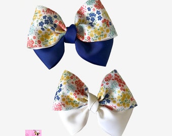 Floral and Blue Ribbon 4.5” Spring Summer Hair Bow Grossgrain Girl Hair Bow Headband Toddler Bow Clip