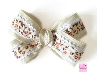 Ivory Floral hand tied Hair Bow, Hair Bow Clip Newborn Bow Girls Bow Headband Bow