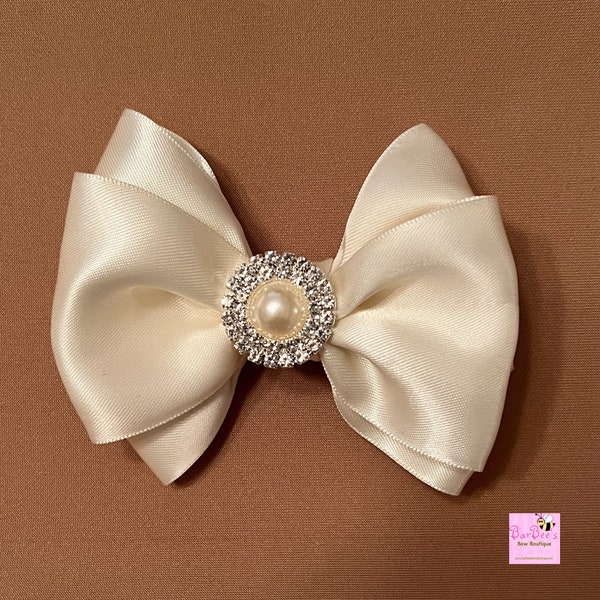 Antique White Satin Hair Bow, Baby Girl Special Occasion Satin Hair Bow  Newborn Headband Bow