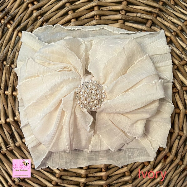 Ivory Ruffle Messy Bow HeadWrap with Pearl Embellishment Baby Girl Ruffle Bow Newborn Infant HeadWrap Piggy Bows Photo Prop