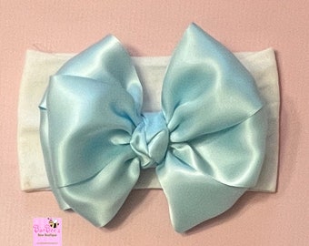 Light Blue Satin Big Bow Headbands, Wide Nylon Headband Newborn, Toddlers Girls Bow wide Nylon Headband Infant Baby Girl Satin Hair Bow