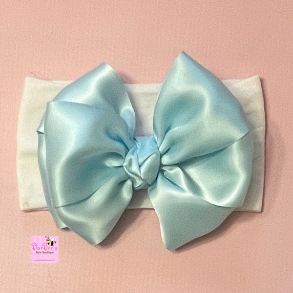 Light Blue Satin Big Bow Headbands, Wide Nylon Headband Newborn, Toddlers Girls Bow wide Nylon Headband Infant Baby Girl Satin Hair Bow