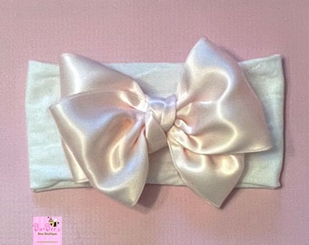 Ice Pink Satin Big Bow Headbands, Wide Nylon Headband Newborn, Toddlers Girls Bow wide Nylon Headband Infant Baby Girl Satin Hair Bow