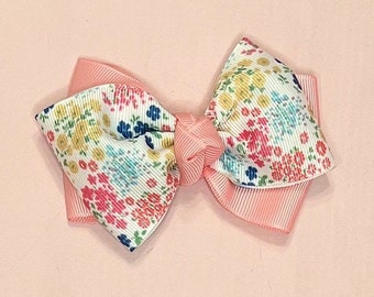 Pink and Multi Color Floral Hair Bow Floral and Blue Ribbon Large Double Ribbon Hair Bow Grossgrain Girl Hair Bow Toddler Bow Clip