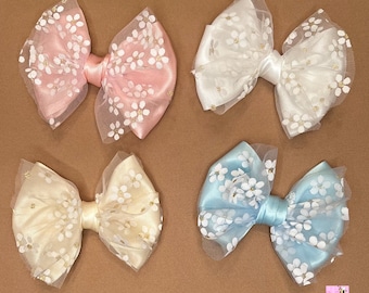 Ivory Satin Hair Bow with Daisy print Tulle, Pink, Blue or White Baby Girl Special Occasion Satin Hair Bow  Newborn Headband Bow