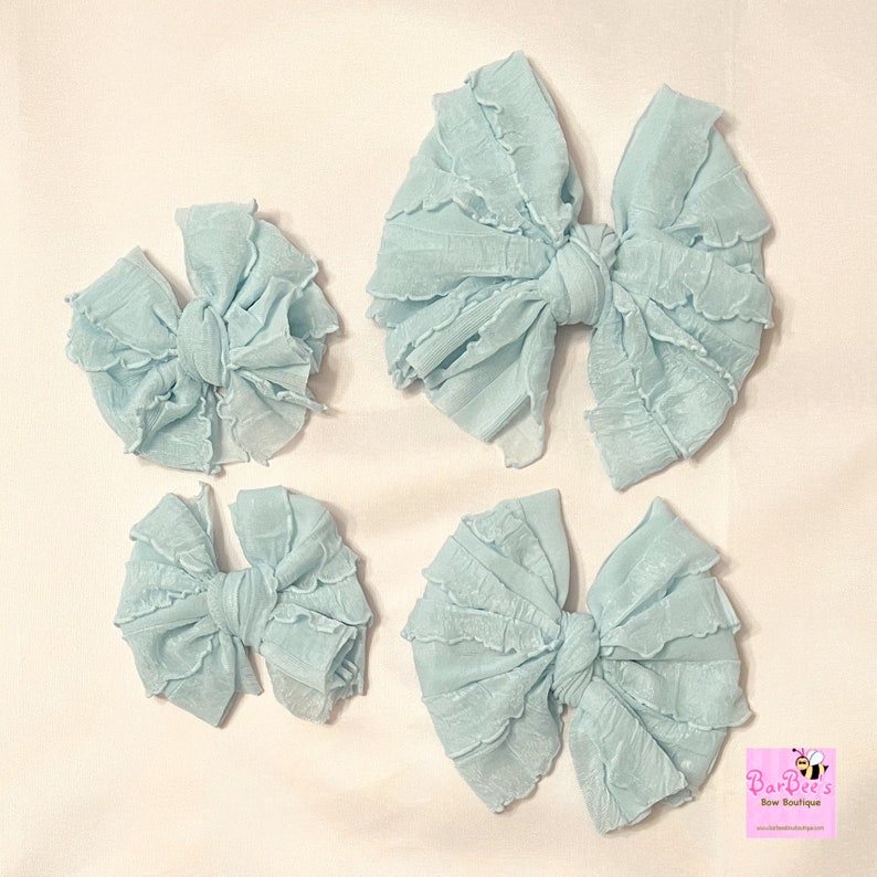 Light Blue Plaid Ruffle Messy Bow HeadWrap Baby Girl Ruffle Messy Hair Bow Newborn Infant HeadWrap Bow Messy Bow Ruffle Piggies image 2