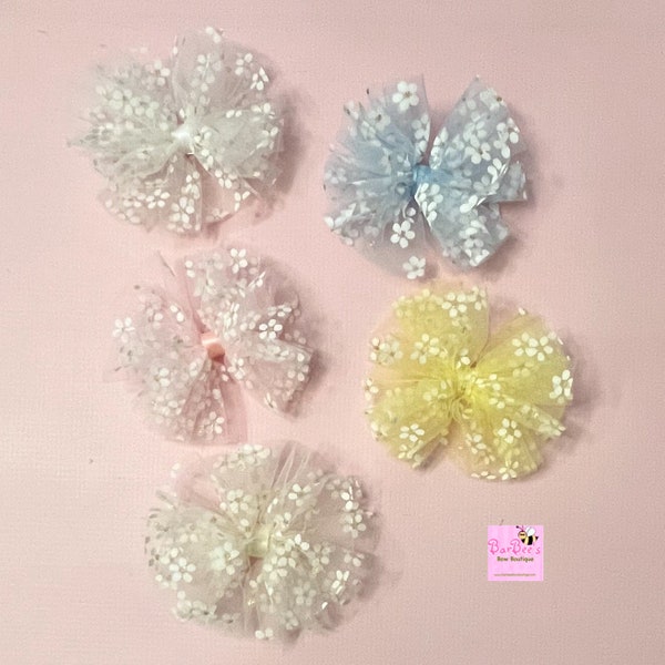 Pink, White or Blue Tulle with White Daisy Flower Hair Bow clip Nylon Headband Newborn Fluffy Soft Tulle Hair Bow Headband Infant  Bow