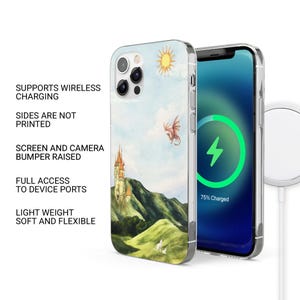 May include: A clear phone case with a fantasy landscape design featuring a castle, dragon, and sun. The phone screen displays a charging symbol. Text on the case reads: Supports Wireless Charging, Sides Are Not Printed, Screen and Camera Bumper Raised, Full Access to Device Ports, Light Weight Soft and Flexible.