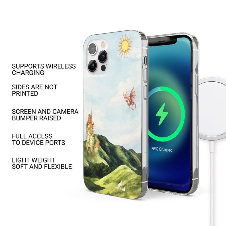 May include: A clear phone case with a fantasy landscape design featuring a castle, dragon, and sun. The phone screen displays a charging symbol. Text on the case reads: Supports Wireless Charging, Sides Are Not Printed, Screen and Camera Bumper Raised, Full Access to Device Ports, Light Weight Soft and Flexible.