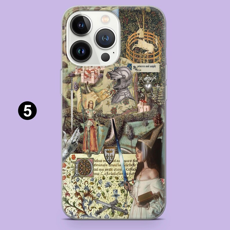 May include: A phone case with a medieval-themed collage design. The case features illustrations of knights, castles, and floral patterns in shades of green, beige, and brown. The text "princess and knight" is visible.