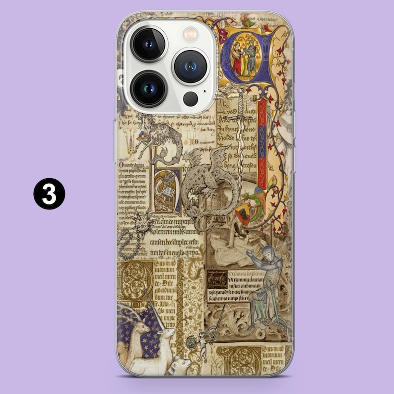 May include: A phone case featuring a medieval manuscript design. The case displays illustrations of dragons, figures, and text in a parchment-like style. The color palette includes beige, brown, red, and blue hues, with the number "3" in a black circle.
