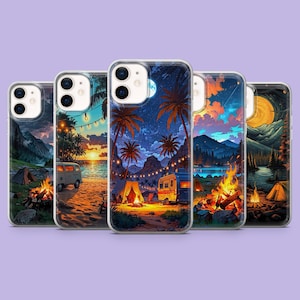 May include: Five phone cases displaying camping scenes. Each case depicts a unique landscape with campfires, tents, palm trees, and caravans, set against colourful skies and mountain backdrops. The cases are designed to fit a smartphone.