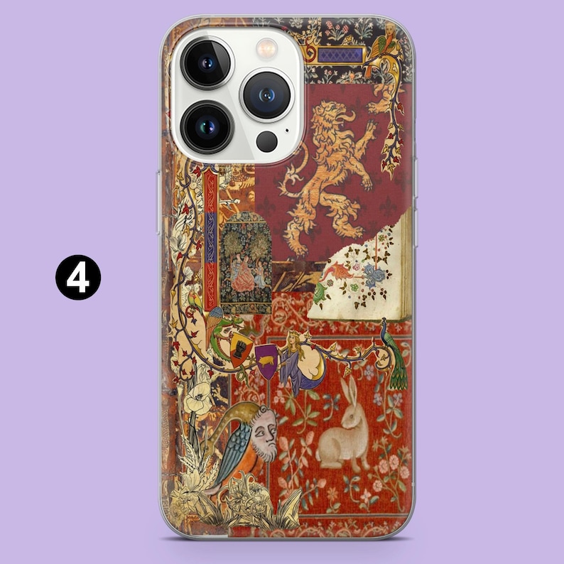 May include: A phone case featuring a detailed tapestry design with a lion, rabbit, and floral elements in red, gold, and cream colors. The case has a clear border and the number "4" in a black circle.