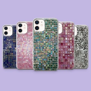 May include: Five phone cases with a mosaic tile design. The cases are in shades of blue, pink, green, purple, and silver. Each case has a clear border and a camera cutout.