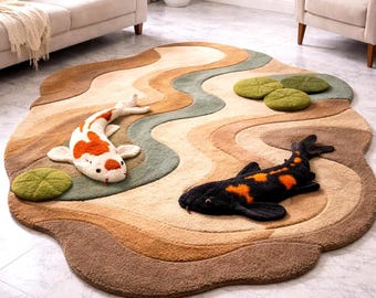 Koi Fish Rug Tufted Handmade, Irregular Shape Area Rug, Japandi Neutral Living Room Carpet, Aesthetic Kids Room Rug, Organic Shape Rug