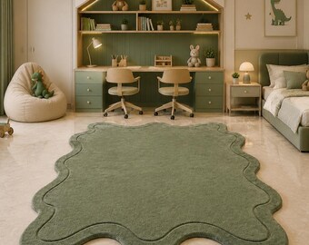 Sage Green Wavy Rug | Handmade Tufted Area Rug | Irregular Abstract Rug for Kids Room | Modern Boho Nursery Rug | Soft Aesthetic