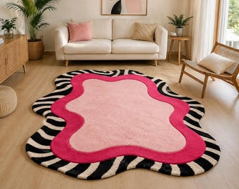 Hand Tufted Wool Rug, Pink Abstract Area Carpet, Black Cream Wavy Design, Irregular Modern Living Room Decor