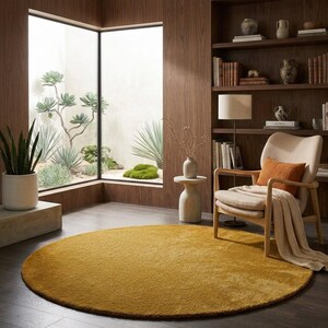 Modern mustard yellow round wool rug in minimalist interior, hand tufted circle area rug for living room decor