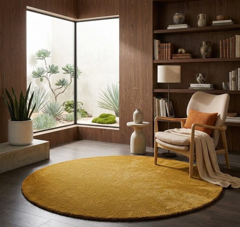 Modern mustard yellow round wool rug in minimalist interior, hand tufted circle area rug for living room decor
