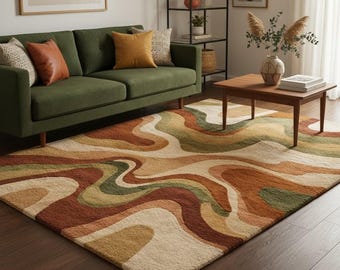 Retro Modern Wavy mid century Rug – Boho Warm Earth Tones –  Wool rug