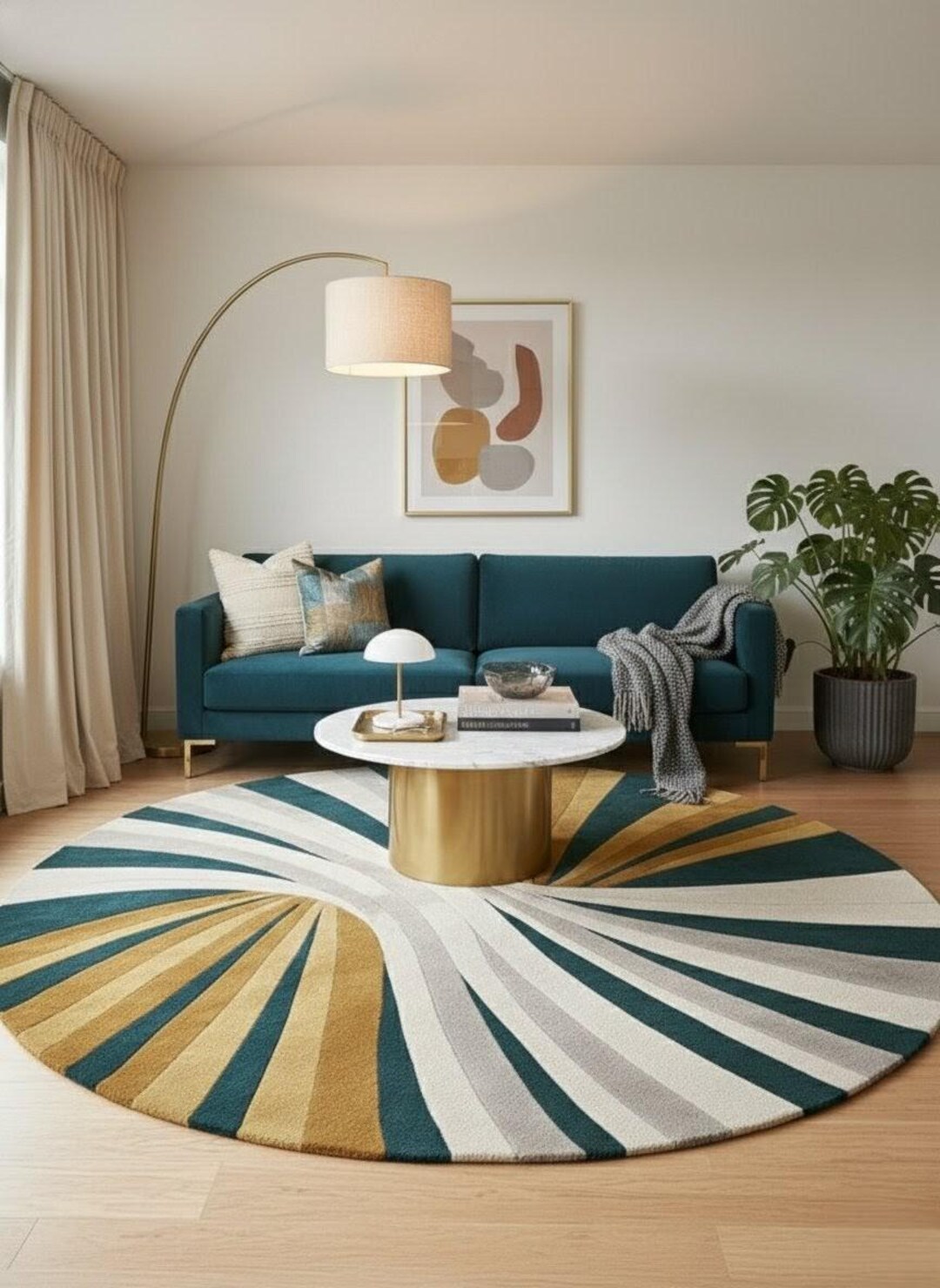 Mid-century Modern Teal & Gold Burst Circular Area Rug - Art Deco ...