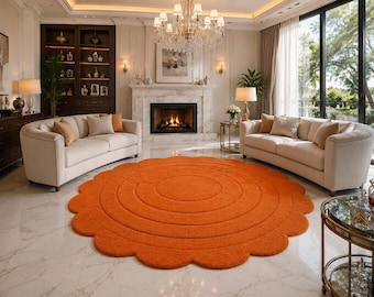 Orange Round Rug, Hand Tufted Wool Carpet, Modern Scalloped Area Rug, Abstract Circle Decor for Living Room Bedroom